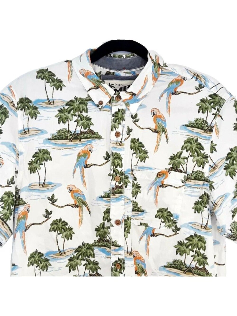 Original MBX Denim Wear Shirt Mens Medium Tropical Island Parrot Hawaiian Aloha